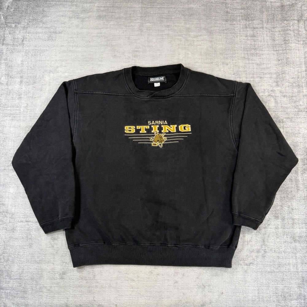 Sarnia Sting Sweatshirt Mens Medium Black Vtg 90s Embroidered OHL CCM Crewneck